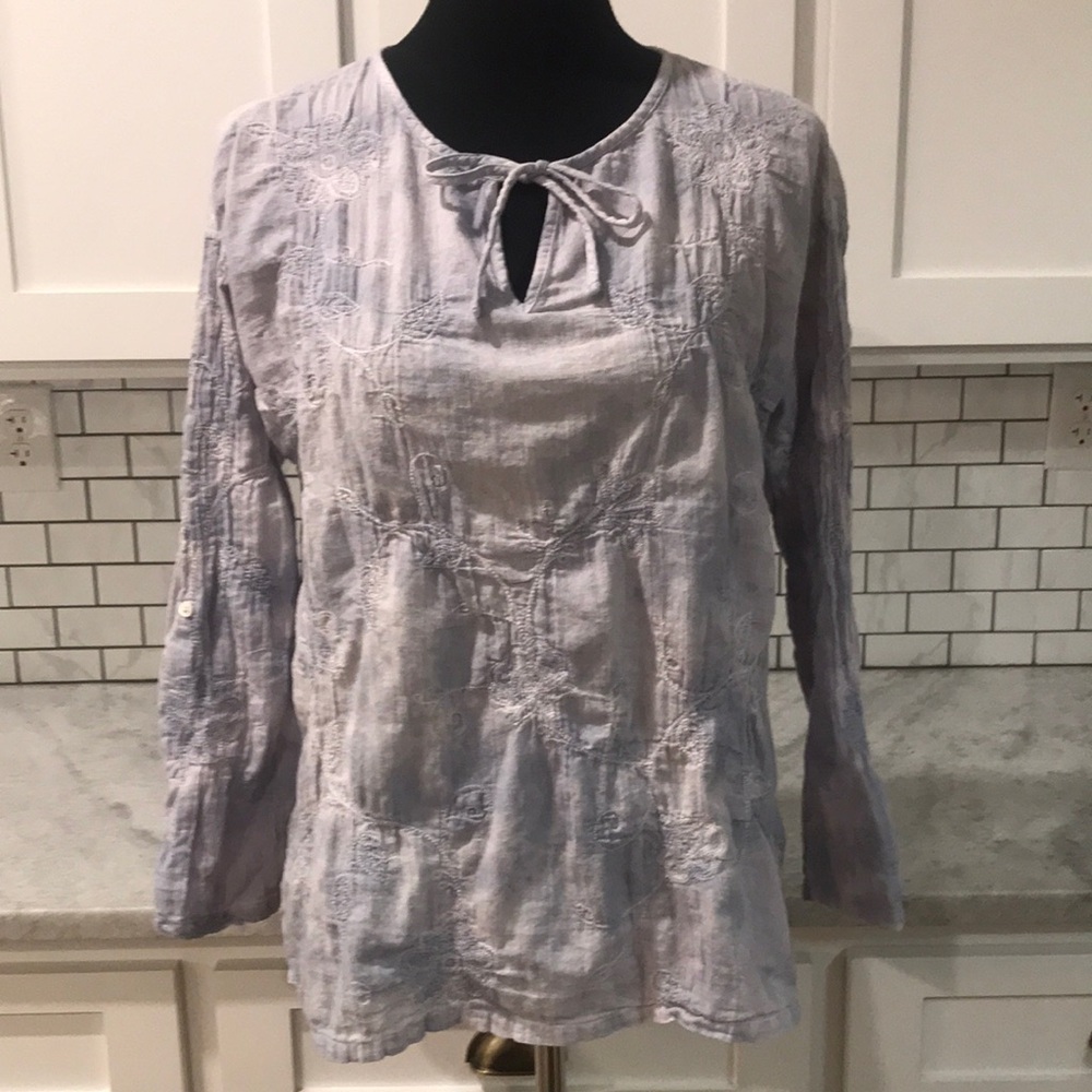 Pure‎ Jill Top Womens XS Blue Bohemian Tunic Blouse Embroidered Artsy Lagenlook